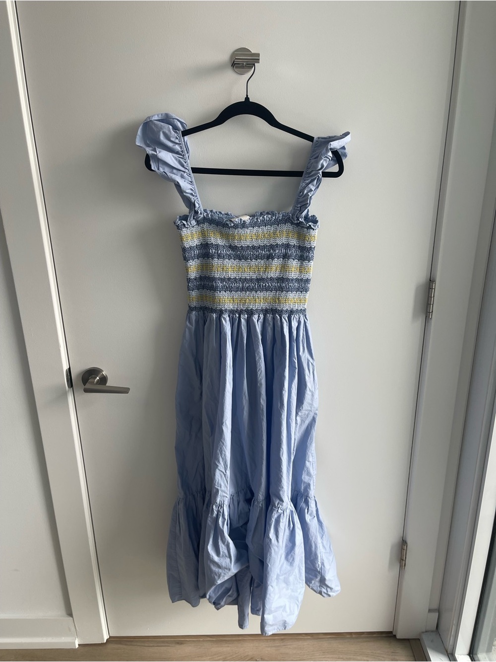 Cara Cara Light Blue Smocked Midi Dress with Yellow Accent